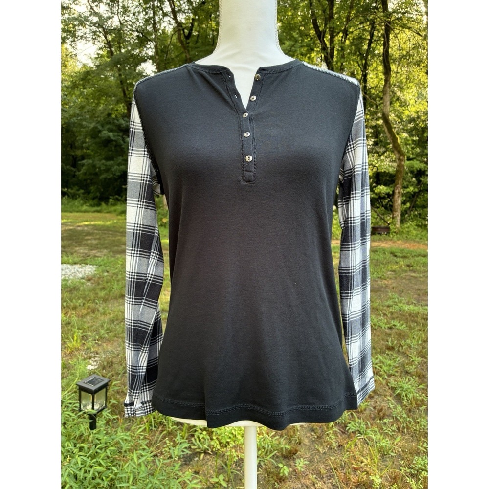Chaps Henley Top Sz Medium Women's Gingham Buffalo Check Black White Long Sleeve
